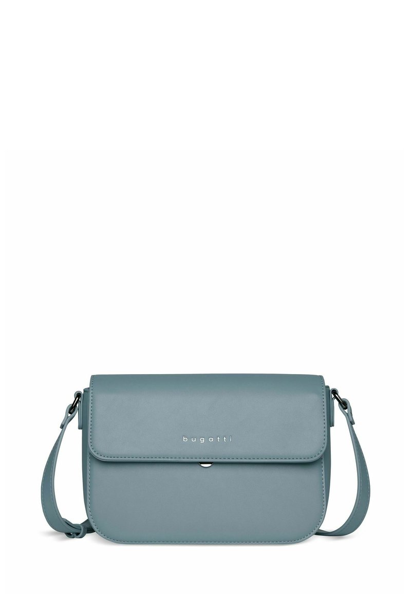 Hellblaues Kunstleder-Crossbody-Bag mit Klappenverschluss, silbernem Logo, verstellbarem Tragegurt und minimalistischem Design.