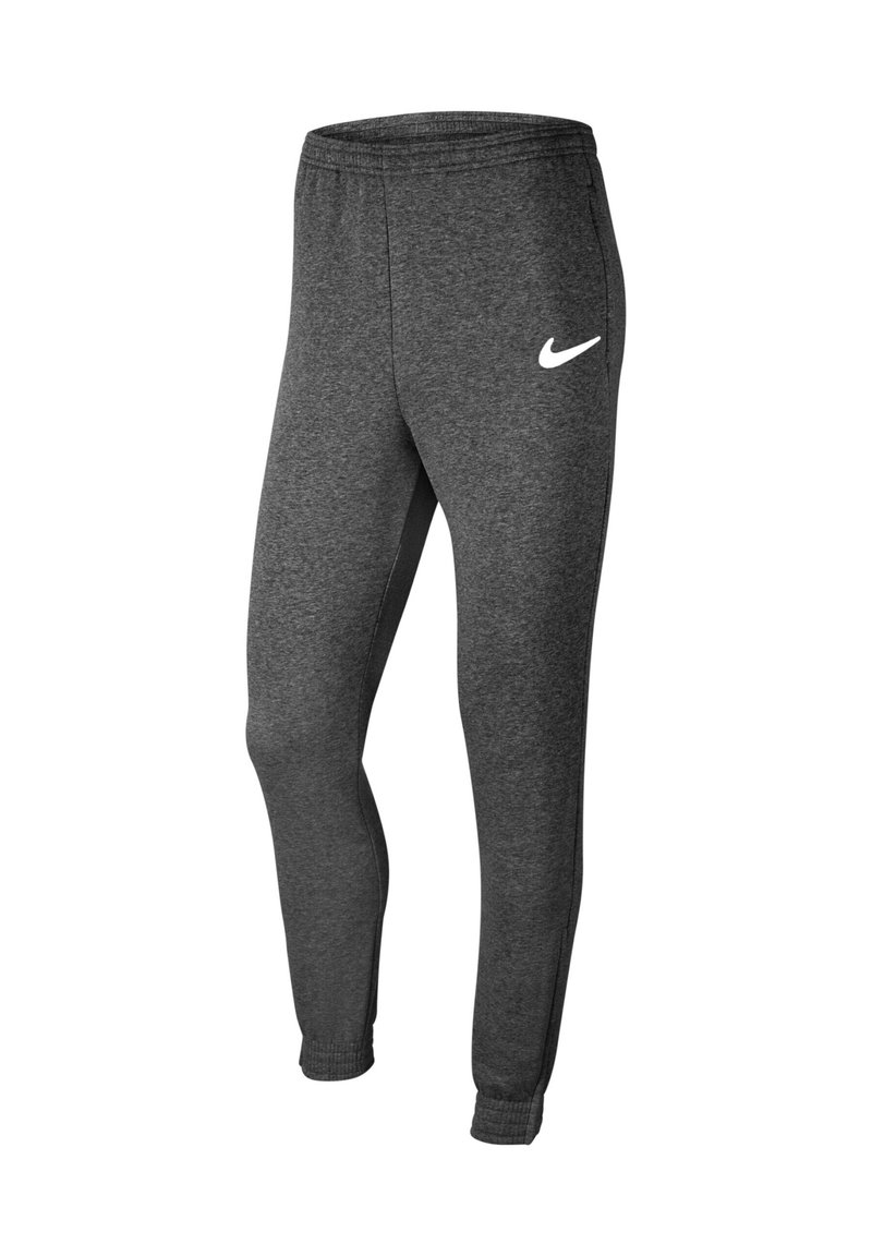 Nike joggingbroek in heather grijs, met een elastische tailleband, taps toelopende pijpen, ribgebreide boorden en een wit Nike-logo op de linker dij.