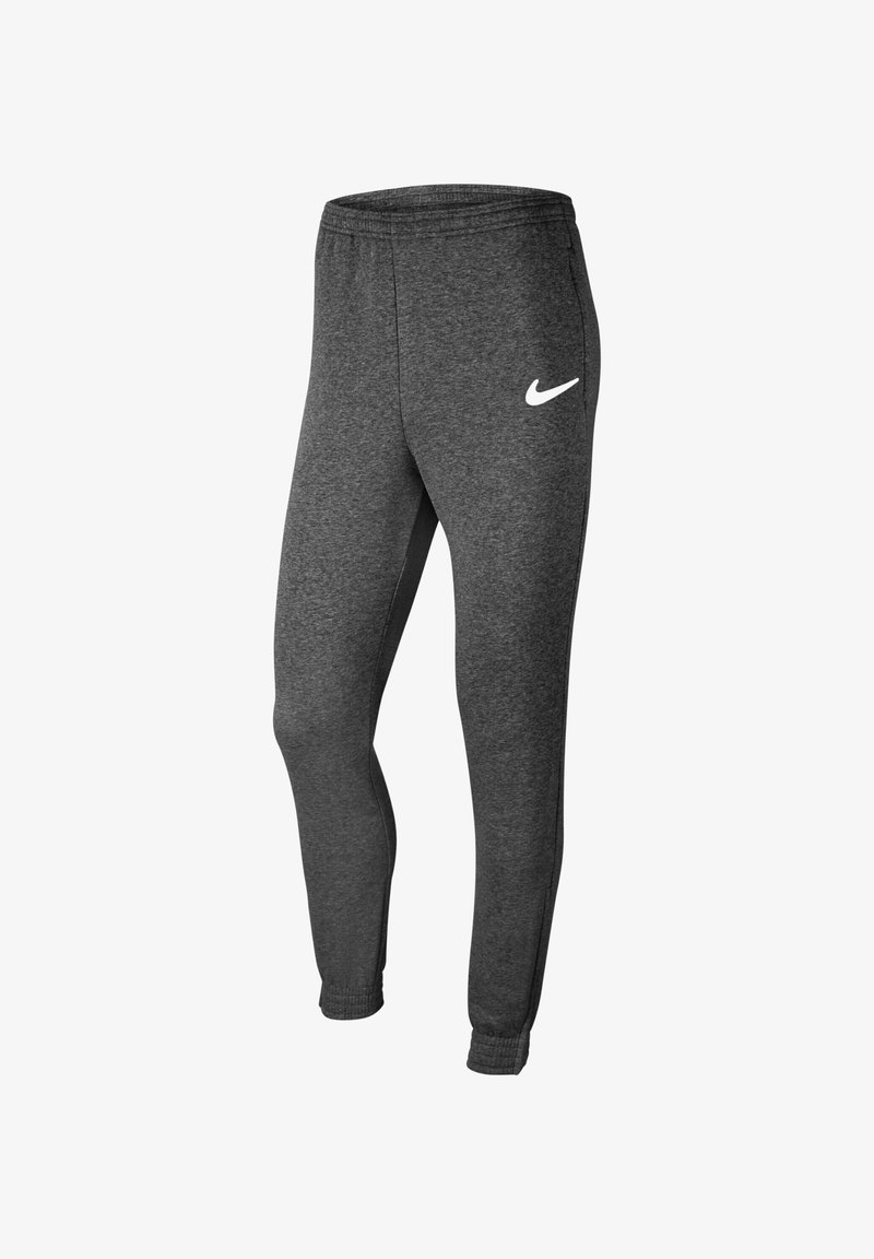 Nike Jogginghose in Melange-Grau, mit einem elastischen Bund, schmal zulaufenden Beinen, gerippten Bündchen und einem weißen Nike-Logo am linken Oberschenkel.