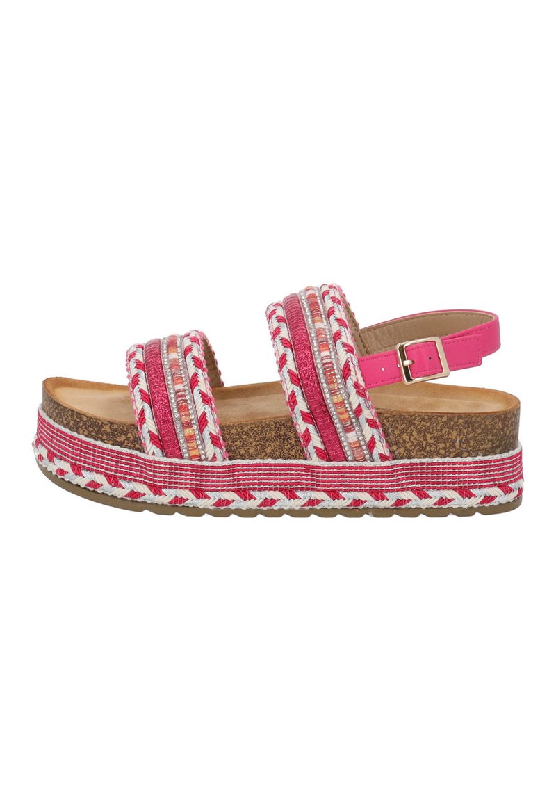 Roze en witte gevlochten platform sandaal met twee brede banden, een gegolfde kurken zool en gevlochten accenten langs de rand. Verstelbare enkelband.