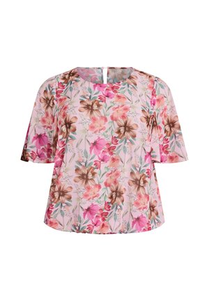Light pink short-sleeve blouse with round neck, featuring a floral pattern in shades of pink, brown, and green, and a small back zipper.