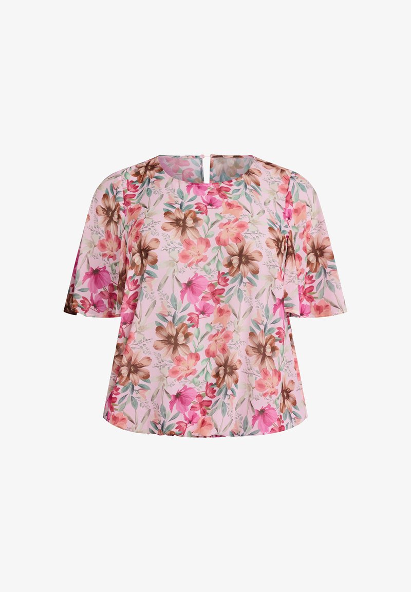 Svijetloružičasta bluza kratkih rukava s okruglim izrezom, ukrašena cvjetnim uzorkom u nijansama ružičaste, smeđe i zelene te malim patentnim zatvaračem na stražnjoj strani.