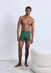 Πράσινα βρακάκια μποξ με σχέδιο φύλλων, με ελαστική μέση σε αντίθεση που φέρει τη λεζάντα "BJÖRN BORG". Το μοντέλο στέκεται σε φωτεινό χαλί.