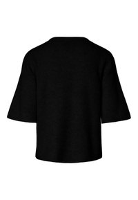 Svart strikket genser med korte ermer. Ribbet tekstur og en avslappet passform. Rund hals uten synlige detaljer eller pynt.