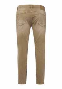 Jeans de mezclilla beige con corte ajustado, diseño de cinco bolsillos y una textura suave, con detalles de costura en los bolsillos traseros.