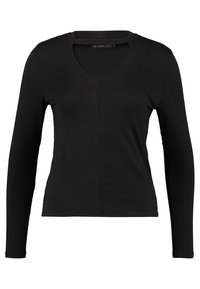 Schwarz langärmliges T-Shirt mit V-Ausschnitt, aus weichem Stoff gefertigt, mit einer figurbetonten Silhouette und minimalistischen Nähdetails.