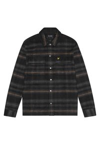 Giacca camicia a quadri nera e grigia con accenti arancioni, due tasche frontali, chiusura con bottoni e texture in flanella morbida.