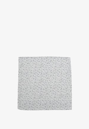 Floral-patterned fabric square, light gray base with small blue flowers. Soft texture, lightweight, rectangular shape, even edges.
