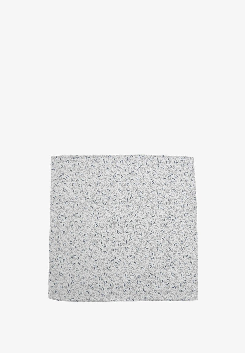 Floral-patterned fabric square, light gray base with small blue flowers. Soft texture, lightweight, rectangular shape, even edges.