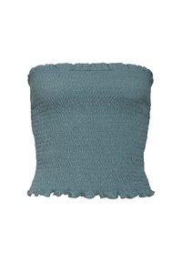 Zúžený bandeau top v tlmenej teal farbe. Má volánový výstrih a lem, s textúrovanou tkaninou a elastickým strihom. Vhodný na rôzne príležitosti.
