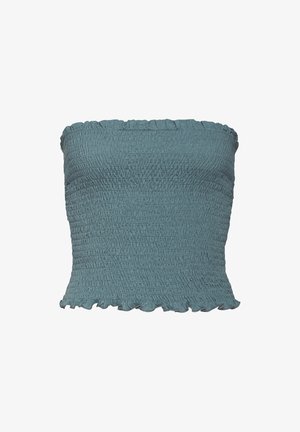 Šviesiai mėlynos spalvos smockuota bandeau palaidinė. Funkcijos - raukiniai ant kaklo ir apatinės dalies, tekstūruota medžiaga ir tamprus pritaikymas. Tinka įvairioms progoms.