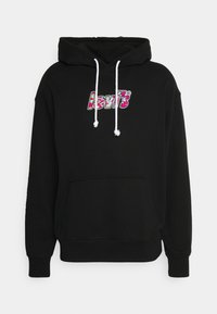 Sweat à capuche noir avec cordons blancs et poche avant, avec le logo coloré Levi's sur la poitrine.