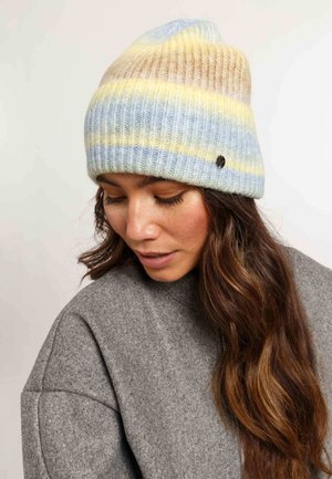 Multicolored knit beanie featuring horizontal stripes in light blue, yellow, and beige. Soft texture with a ribbed design and a small logo accent.