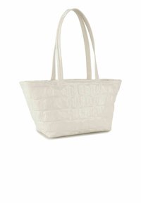 Witte glanzende draagtas met een gestructureerd krokodillenpatroon, rechthoekige vorm en twee lange handvatten voor gemakkelijk dragen.