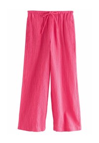 Roze wijde broek gemaakt van textuurstof, met een elastische tailleband en een trekkoord voor aanpassing.