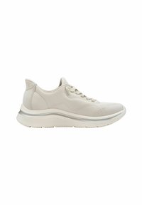 Light beige athletic shoes with a smooth leather upper, round toe, lace-up design, and a textured sole featuring a silver accent.