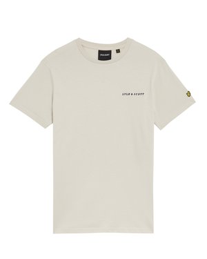 Beżowa bawełniana koszulka z okrągłym dekoltem, krótkim rękawem i małym nadrukowanym logo "LYLE & SCOTT" na piersi. Posiada haftowane logo na rękawie.