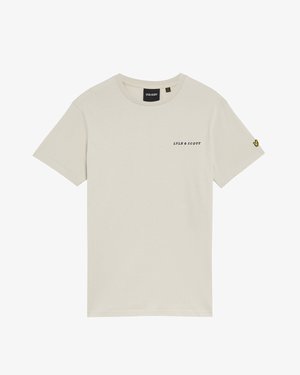 T-shirt en coton beige avec un col rond, des manches courtes et un petit logo "LYLE & SCOTT" imprimé sur la poitrine. Comprend un logo brodé sur la manche.