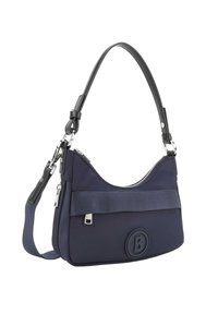Borsa a spalla in nylon navy, con una superficie liscia, forma curva, dettagli in pelle nera, tracolla regolabile e un logo ben evidenziato.