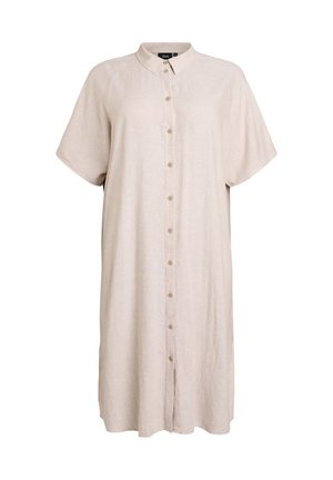 Vestito camicia beige fino al ginocchio con maniche corte, colletto e chiusura frontale con bottoni, della marca Zizzi.