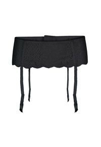 Garter belt in pizzo nero con bordo ondulato, dotato di bretelle regolabili e una texture decorata su tutta la superficie.