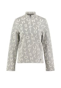 Pullover grigio a maniche lunghe con zip a metà, caratterizzato da un motivo testurizzato di lettere bianche maiuscole sparse su tutta la superficie.