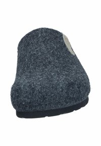 Dark grey felt slipper with a rounded shape, textured surface, and a subtle contrasting inner lining. Features a black rubber sole for grip.