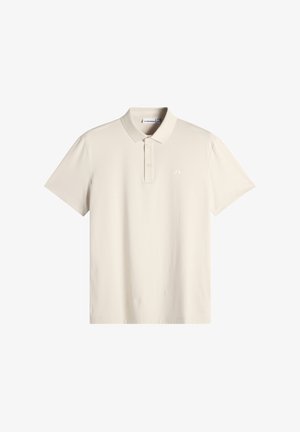 Beige polo-shirt med korte ærmer, krave, to-knaps åbning og lille hvidt logo på venstre bryst.