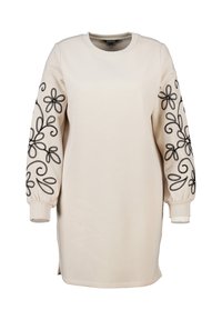 Beige lange mouwen jurk met zwarte geborduurde bloemenpatronen op de mouwen; ronde hals, losse pasvorm en geribbelde manchetten bij de polsen.
