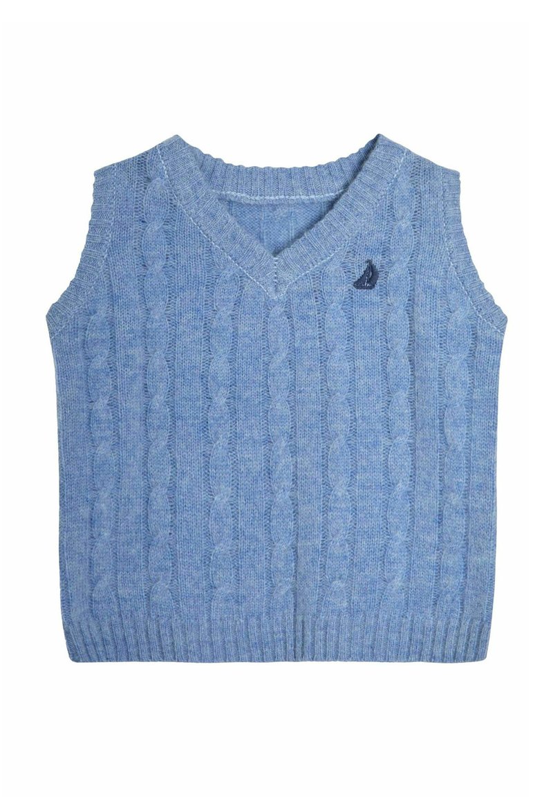 Gilet senza maniche in maglia blu a trecce, con scollatura a V e piccolo logo di una barchetta scura sul petto sinistro.