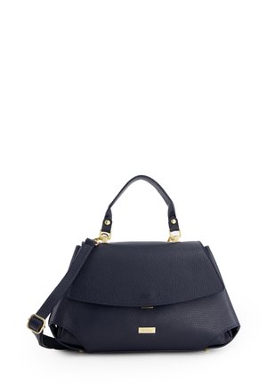 Navy blue leather handbag with structured shape, gold hardware, short top handle, and detachable shoulder strap. Textured surface and logo detail.