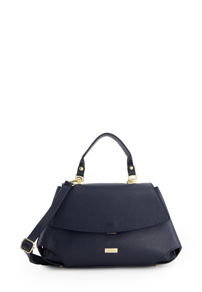 Dunkelblaues Lederhandtasche mit strukturiertem Design, goldenen Beschlägen, kurzem Oberhandgriff und abnehmbarem Schultergurt. Texturierte Oberfläche und Logodetail.