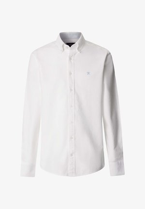 Witte, lange mouwen, blouse met knopen en een kraag met knoopsluiting, voorzien van een klein geborduurd logo van gekruiste riemen op de linkerborst.