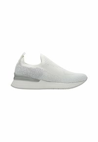 White slip-on sneakers with textured knit upper, featuring a subtle gradient pattern and a cushioned sole with a gray accent.