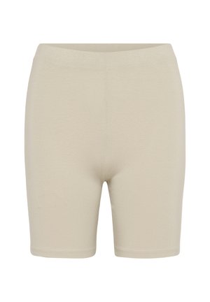Beige strækbare shorts lavet af et blødt stof, som har en tætsiddende pasform med en elastisk talje og en glat, uudsmykket overflade.