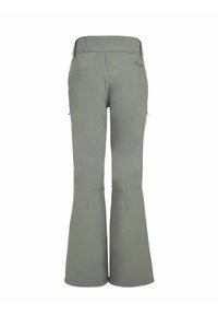 Graue ausgestellte Hosen aus einem glatten Stoff mit einer Mittelhoehe Bund und Seitentaschen. Mit subtiler Markenkennzeichnung auf der Rückseite.