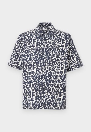 Lühikeste varrukatega nööbitav särk, millel on must-valge abstraktse grafitistiilis tekstimuster ja klassikaline krae.