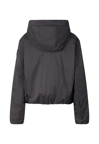 Czarna kurtka z kapturem, długimi rękawami i elastycznym dołem, widziana od tyłu.