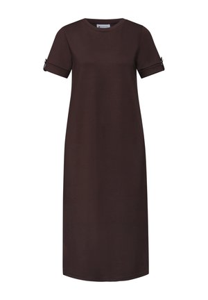 Mørkebrun kjole med korte ærmer, knælængde, rund halsudskæring og små spænder på ærmekantene.