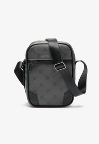 Gray crossbody bag with a textured pattern, zip closure, and adjustable strap. Features rounded edges and a smooth material finish.