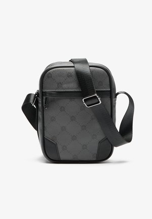 Gray crossbody bag with a textured pattern, zip closure, and adjustable strap. Features rounded edges and a smooth material finish.
