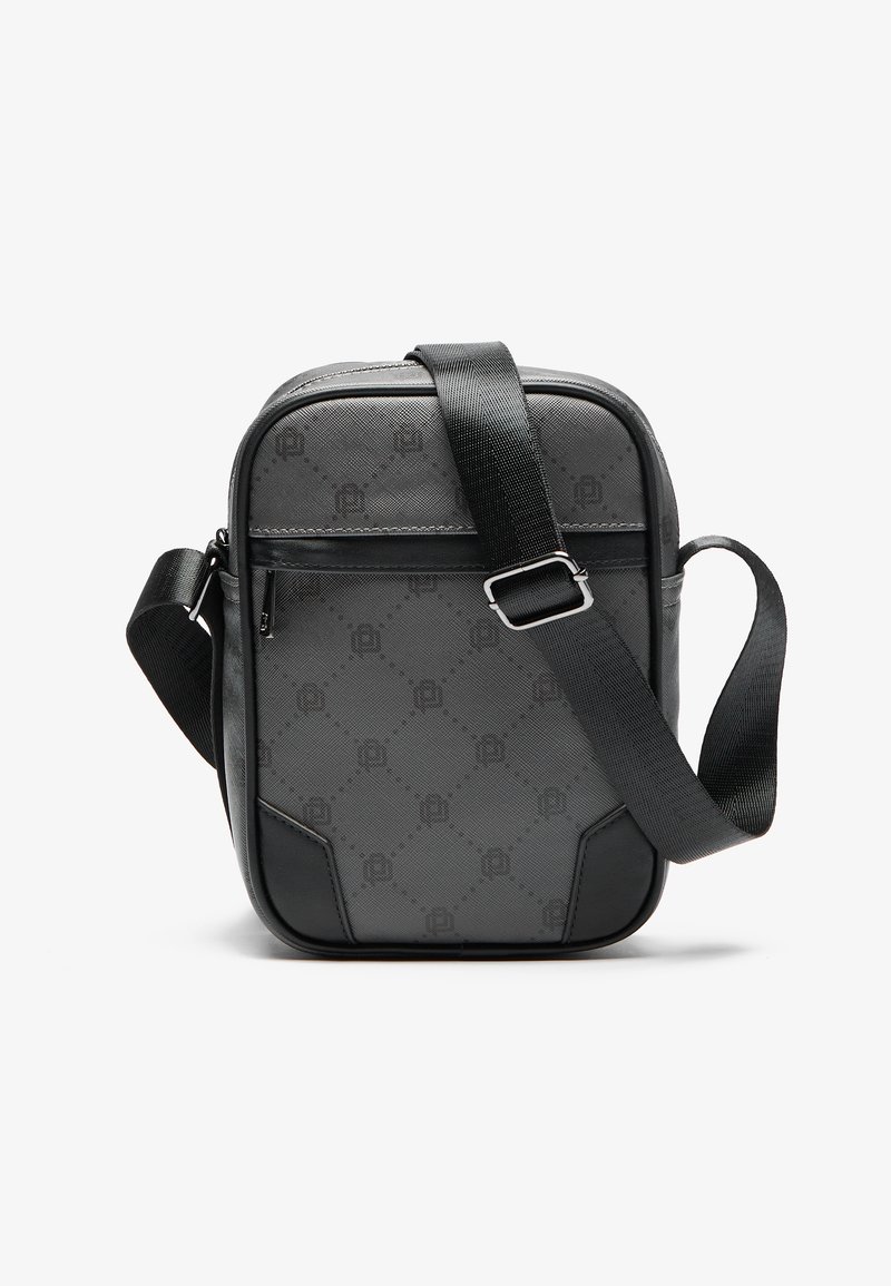 Gray crossbody bag with a textured pattern, zip closure, and adjustable strap. Features rounded edges and a smooth material finish.