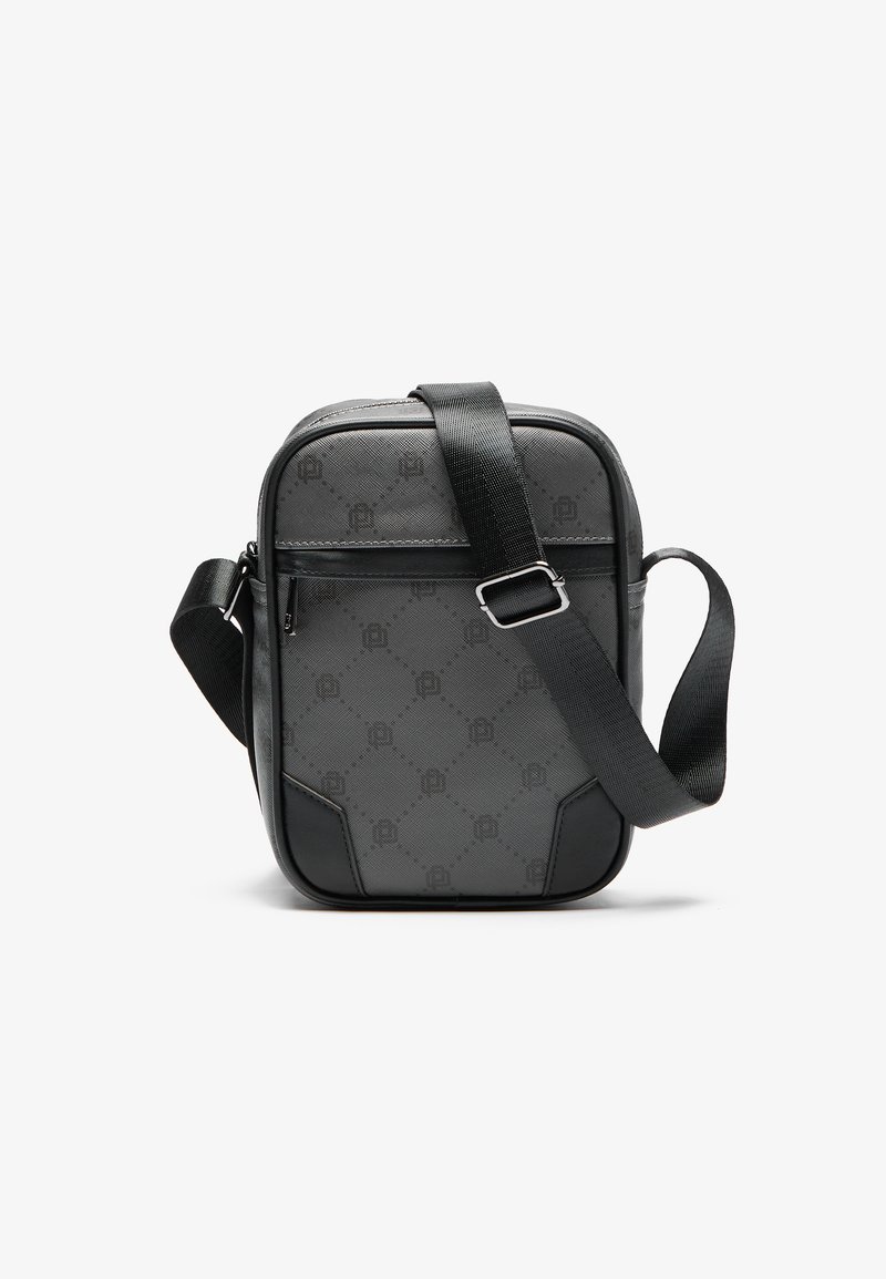 Borsa a tracolla grigia con un motivo texturizzato, chiusura con zip e tracolla regolabile. Presenta angoli arrotondati e una finitura in materiale liscio.