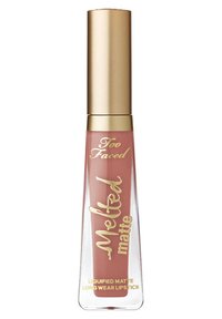 Liquid matte lipstick in nude pink shade with gold cap and gold text reading "Too Faced Melted matte long wear lipstick."