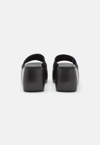 Et par sorte mule-sandaler med blokhæle set bagfra på en simpel hvid baggrund.