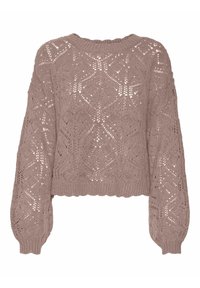 Mauve gestrickter Pullover mit Ballonärmeln und komplexem offenen Spitzenmuster, geripptem Kragen, Bündchen und gewelltem Saum.