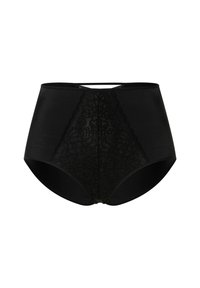Slip neri a vita alta realizzati in tessuto morbido, con un pannello in pizzo nella parte anteriore, schiena chiusa e dettagli discreti in vita.