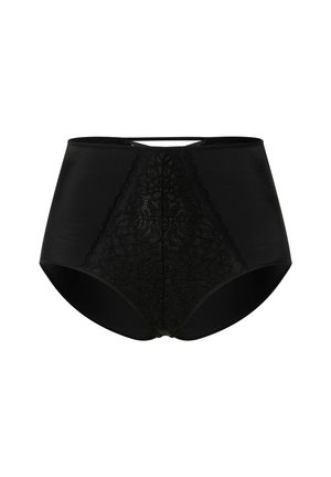 Zwarte hoge tailleonderbroek van gladde stof met een kanten paneel aan de voorkant, een gesloten achterkant en subtiele details bij de taille.