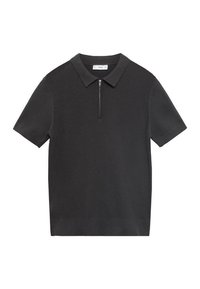 Polo noir à manches courtes en tissu texturé, avec col zippé et ourlet droit. Design simple et moderne.