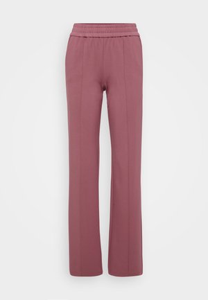 Light mauve straight-leg pants with an elastic waistband. Made from soft material, featuring vertical seams for a tailored look.